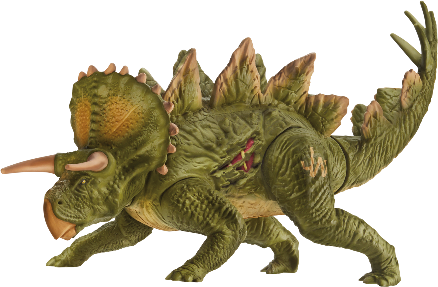 Jurassic World 桌布 壁紙 — 一個細節豐富的綠色三角龍玩具，帶有紋理皮膚和橙色點綴，站在黑色背景前。