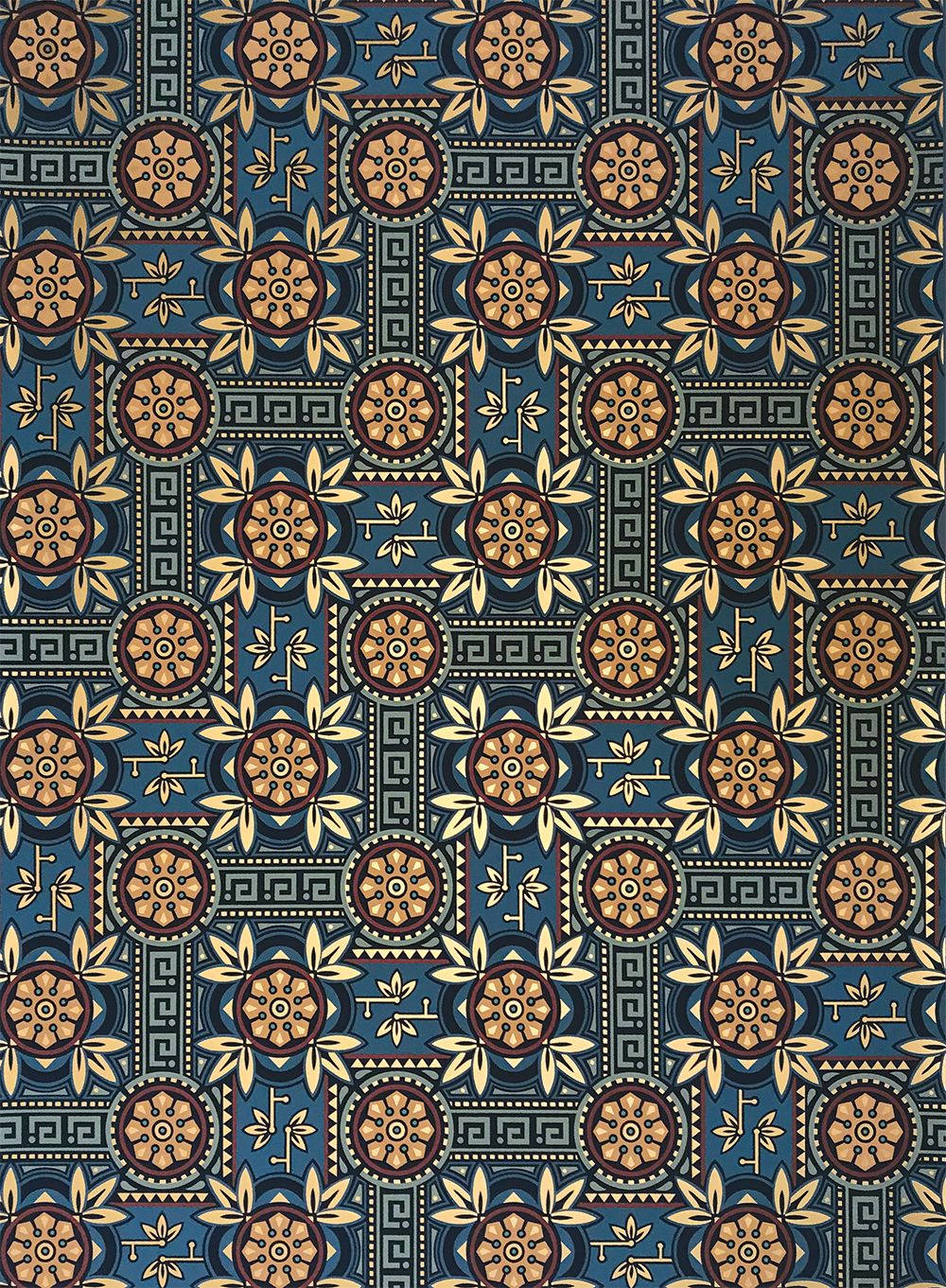 Indigo Aesthetic 桌布 壁紙 — 一個細節豐富的重複圖案，包含幾何和花卉圖案，採用深藍色、金色和陶土色，背景為深青色。
