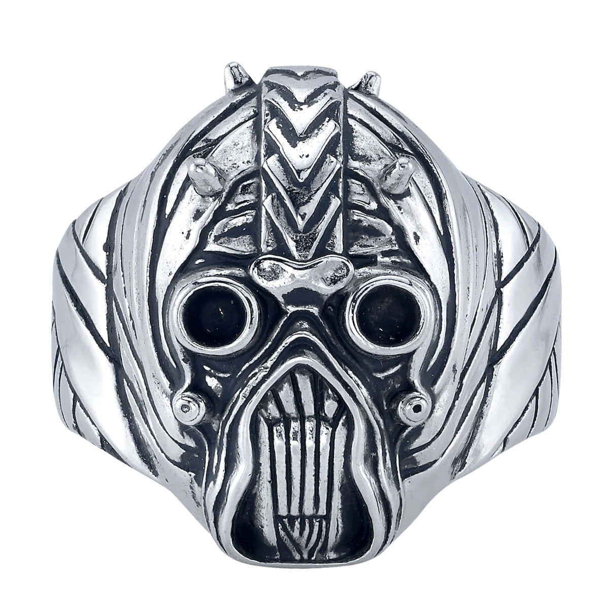 Tusken Raiders 桌布 壁紙 — 一個細節豐富的銀戒指，形狀像一個帶有空洞眼睛和鋒利脊線的威脅性面具。