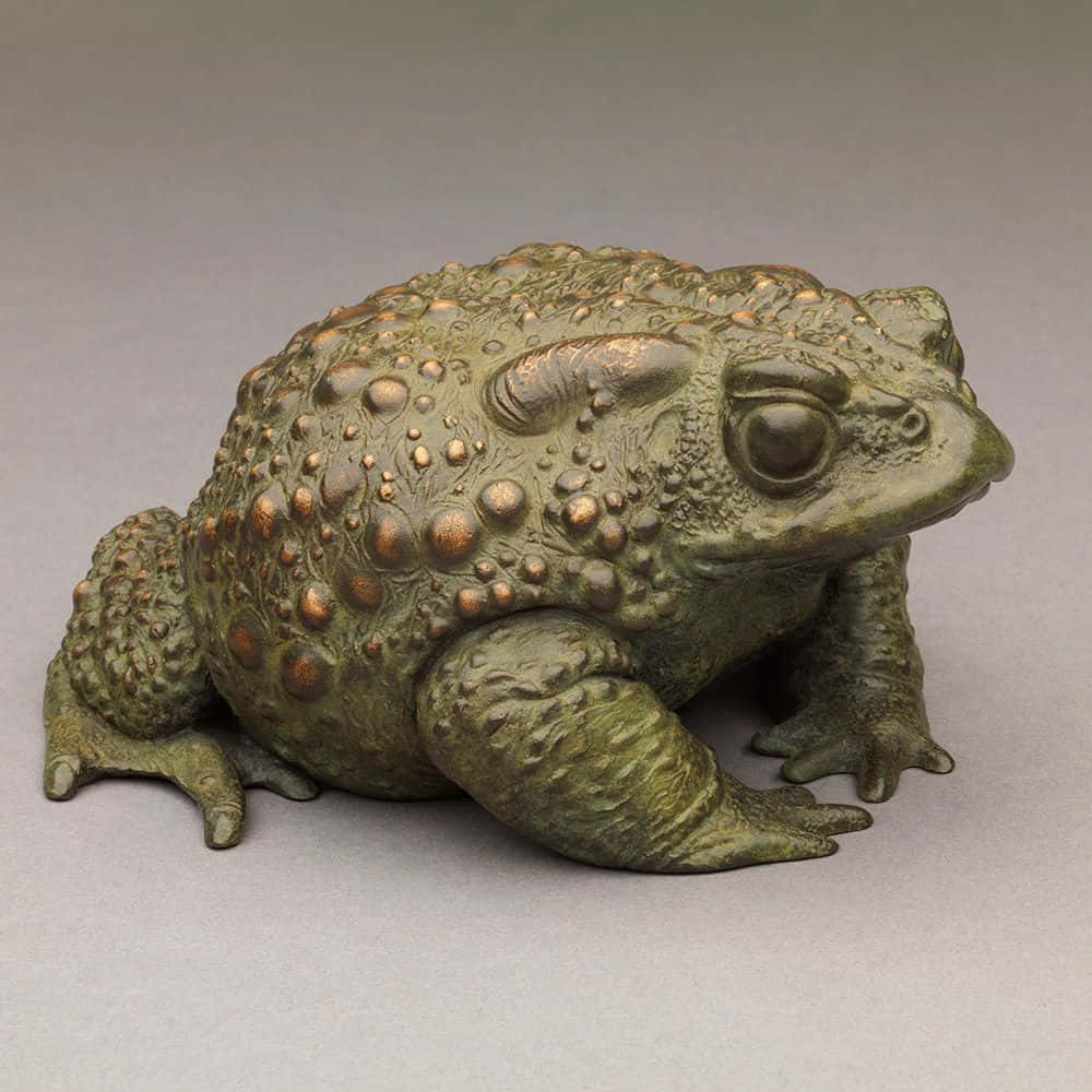 toad 桌布 壁紙 — 一個細節豐富的青銅蟾蜍雕像，帶有紋理凸起和銅色亮點，安放在中性灰色表面上。