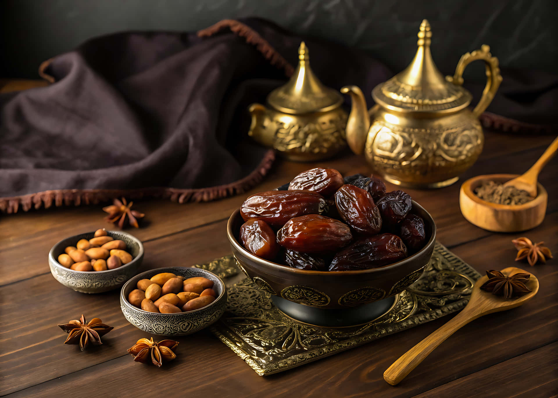A still life of dates almonds and golden teapots 壁紙 — 一個細節豐富的靜物畫，包含一碗飽滿的椰棗，周圍環繞著杏仁、八角星和華麗的黃銅茶壺，置於深色木桌上。