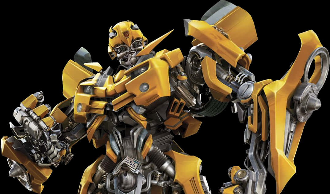 Bumblebee 桌布 壁紙 — 一個細節豐富的黃色和銀色機器人，帶有外露的機械部件，動態地站在黑色背景前。