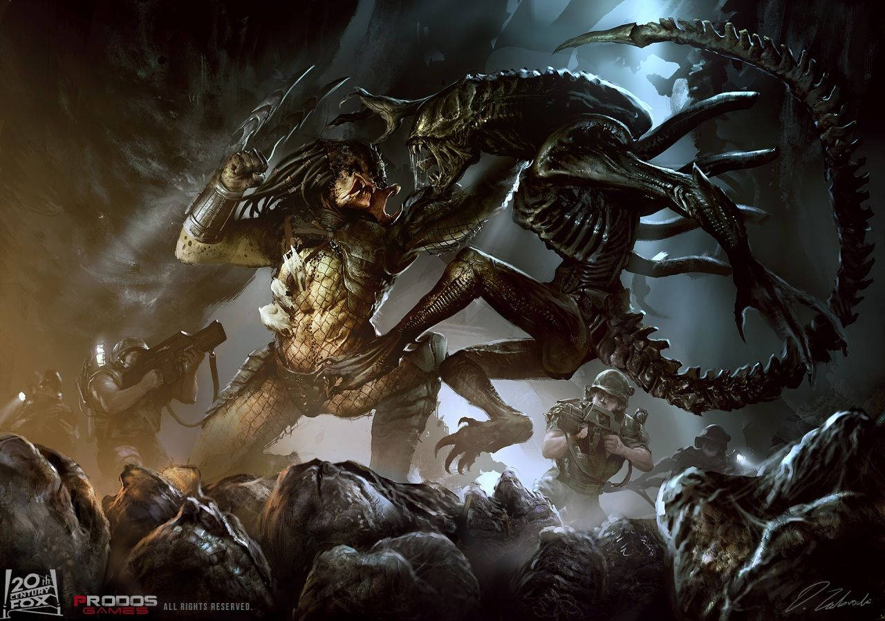 Predator 桌布 壁紙 — 一個終極戰士和異形在黑暗的岩石洞穴中衝突，而持槍士兵從下方觀看。