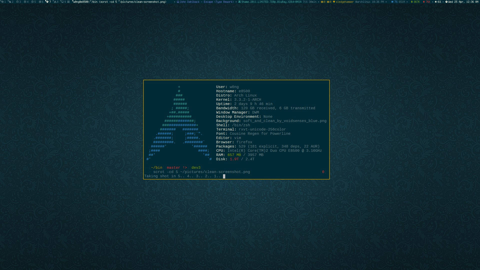 Linux 桌布 壁紙 — 一個終端機視窗，在深青綠色的桌面背景上顯示系統統計數據，帶有微妙的幾何圖案。
