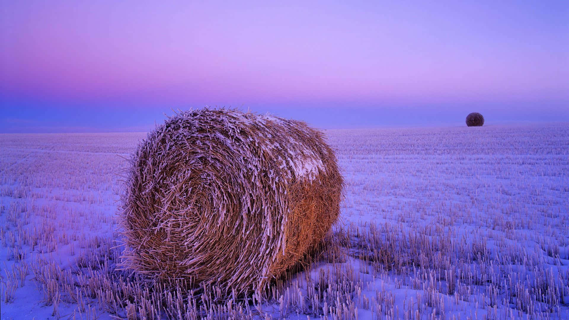 North Dakota 桌布 壁紙 — 一個結霜的乾草捆躺在雪地上，背景是紫色的暮色天空，遠處還能看到另一個草捆。