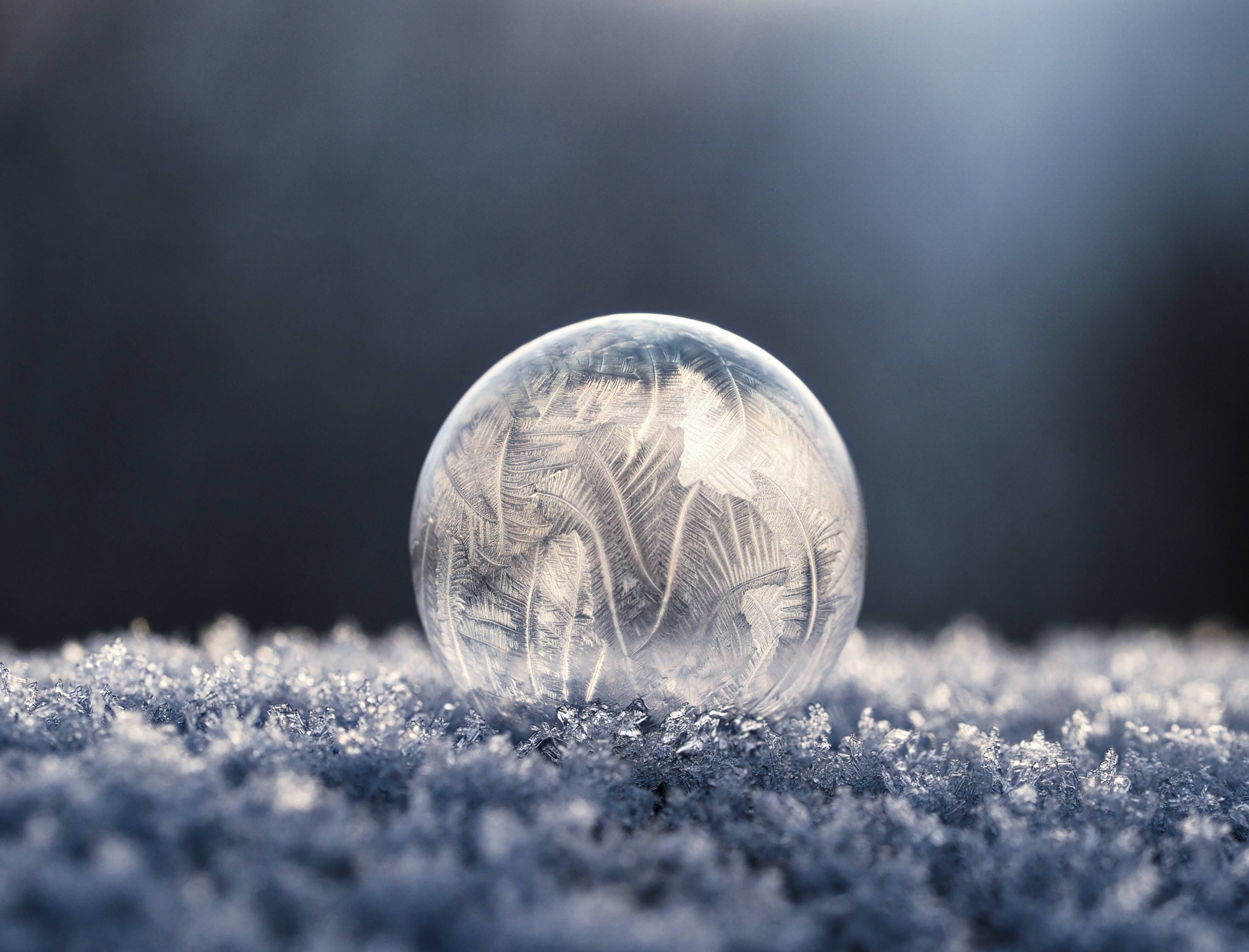Cold 桌布 壁紙 — 一個結霜的玻璃球體放在雪地上，帶有複雜的冰花圖案，在冷藍光中柔和發光。