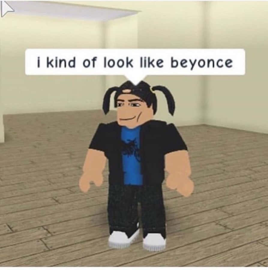 Roblox 女孩 桌布 壁紙 — 一個綁著雙馬尾的Roblox角色，帶著「我有點像Beyonce」的對話框，站在一個普通的房間裡。