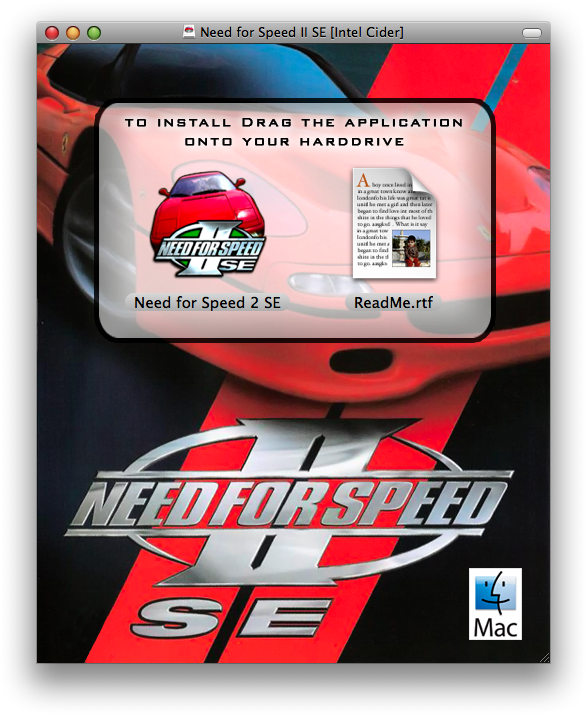 極速快感 回報 桌布 壁紙 — 一個經典 Macintosh 安裝程式視窗，用於 Need for Speed II SE，顯示在紅色跑車圖形和遊戲標誌上方。
