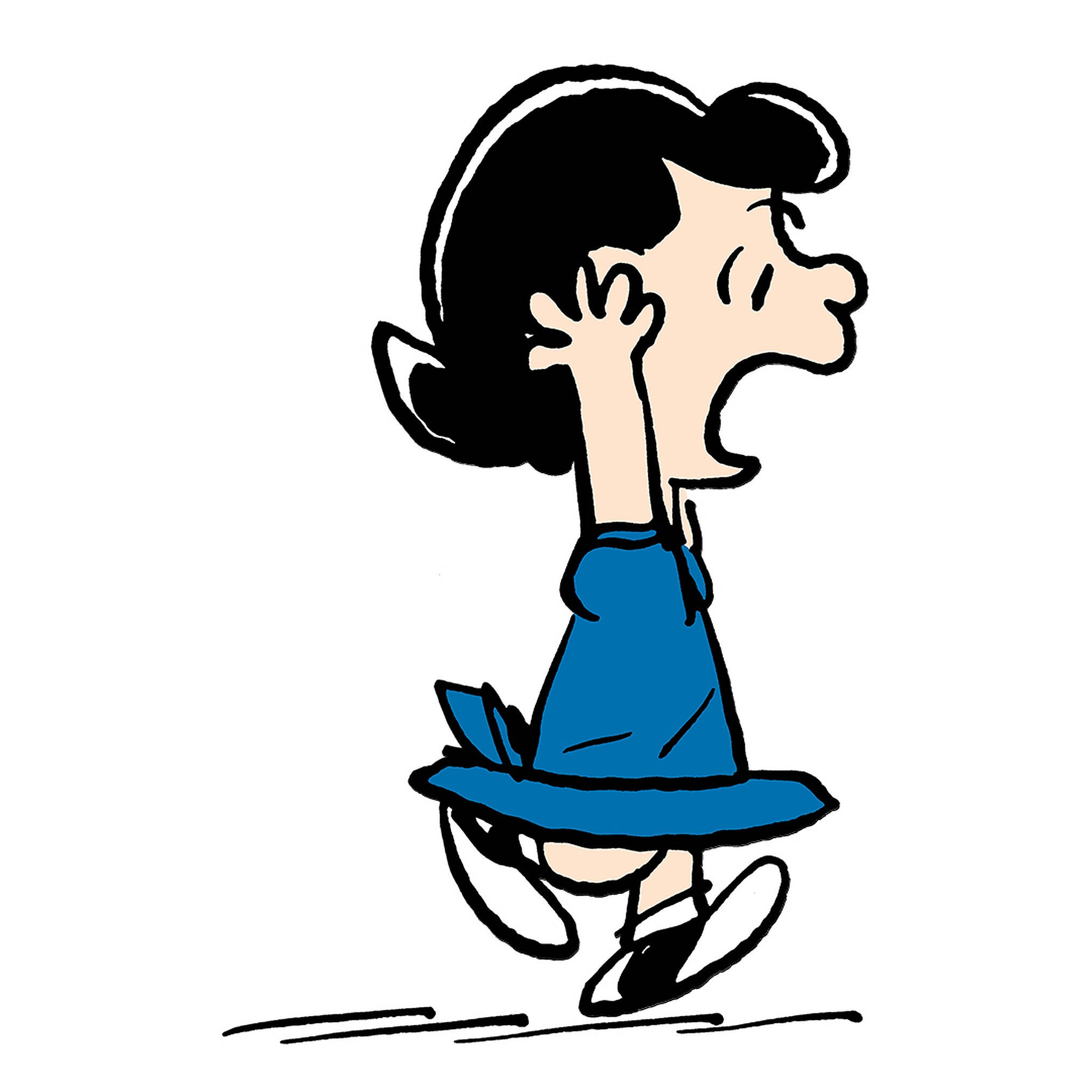 lucy 桌布 壁紙 — 一個經典卡通女孩穿著藍色連衣裙，舉起一隻手奔跑，表情充滿歡樂的能量。
