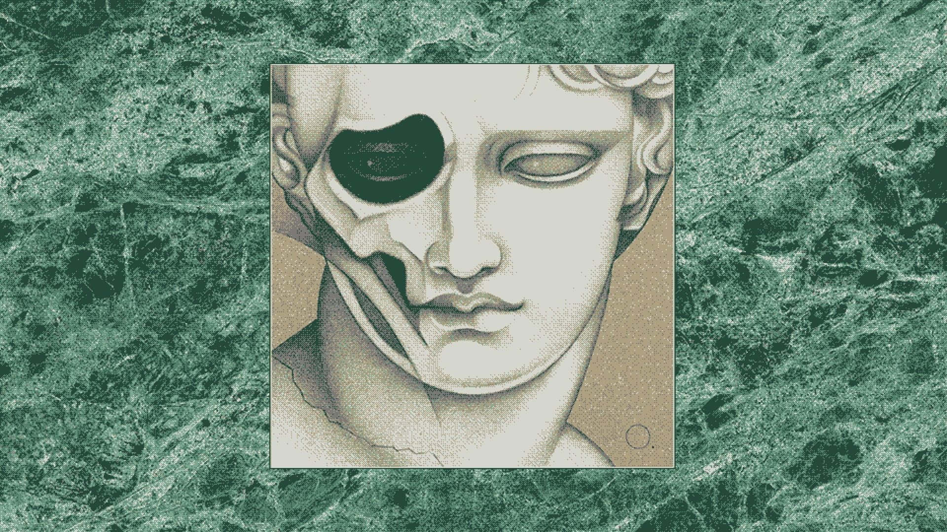 鼠尾草綠美學 桌布 壁紙 — 一個經典大理石半身像，其中一隻眼睛被黑色虛空取代，背景為綠色大理石紋。