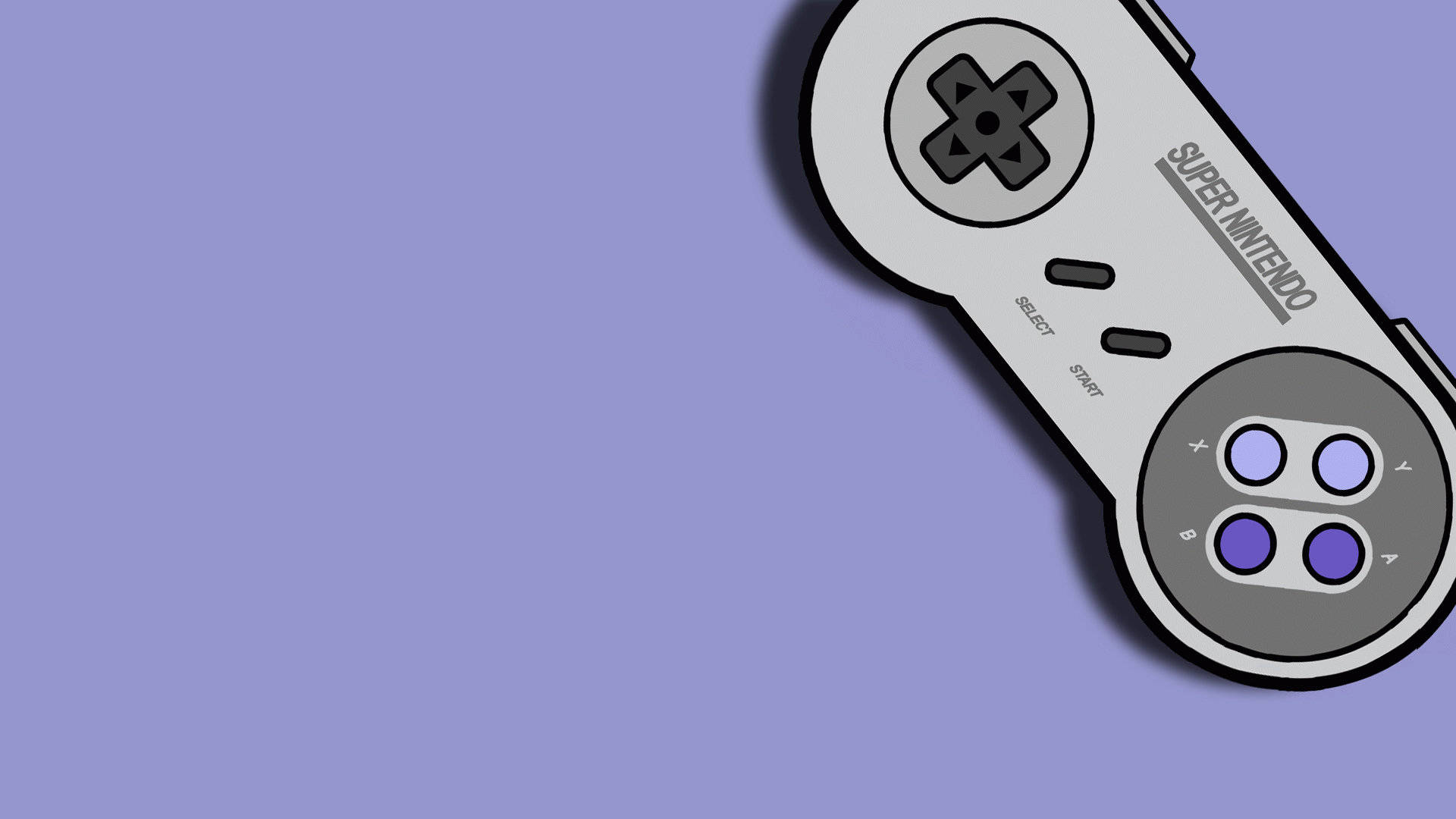 紅白機 桌布 壁紙 — 一個經典的 Super Nintendo 控制器斜放在純色薰衣草背景上，帶有柔和陰影。