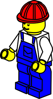 樂高 桌布 壁紙 — 一個經典的LEGO人偶工人，身穿藍色工裝褲和紅色安全帽，站在黑色背景前。