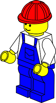 樂高 桌布 壁紙 — 一個經典的LEGO迷你人偶工人，身穿藍色工裝褲和紅色安全帽，準備好進行建築工作。