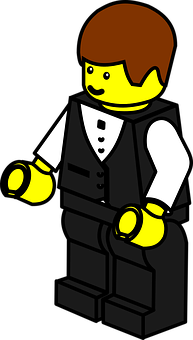 樂高 桌布 壁紙 — 一個經典的LEGO迷你人偶穿著黑色背心和白色襯衫，站在純黑色背景前。