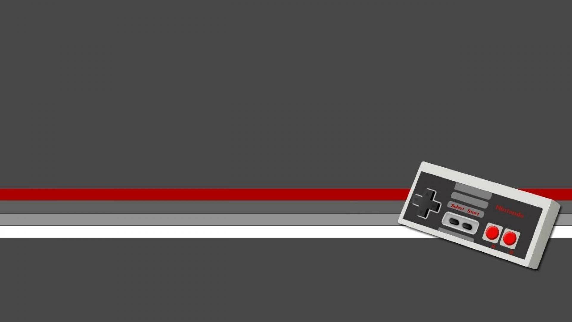 Aesthetic Retro 桌布 壁紙 — 一個經典的Nintendo Entertainment System控制器放在簡約的灰色背景上，帶有醒目的紅、白、灰條紋。