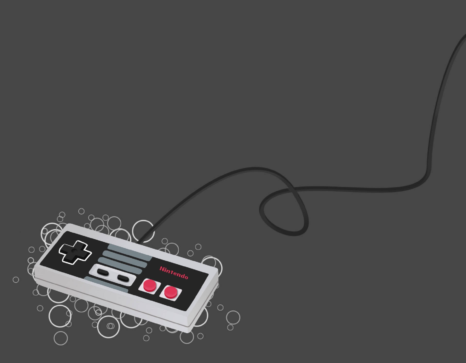 Nes 桌布 壁紙 — 一個經典的Nintendo NES控制器，帶有紅色按鈕和黑色電線，放置在深灰色背景上，周圍環繞著白色氣泡。