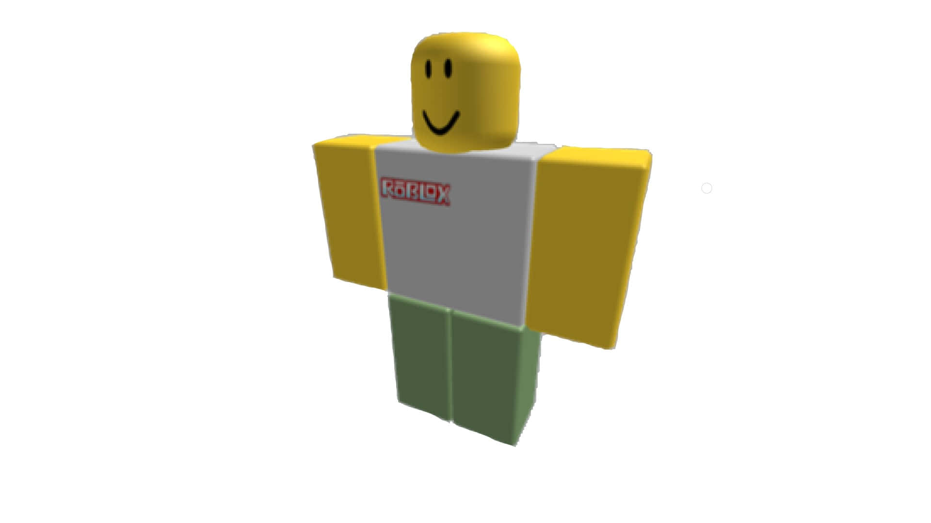 Roblox Noob 桌布 壁紙 — 一個經典的Roblox頭像，黃色頭部和四肢，灰色軀幹帶紅色標誌，綠色腿部，站在純白色背景前。