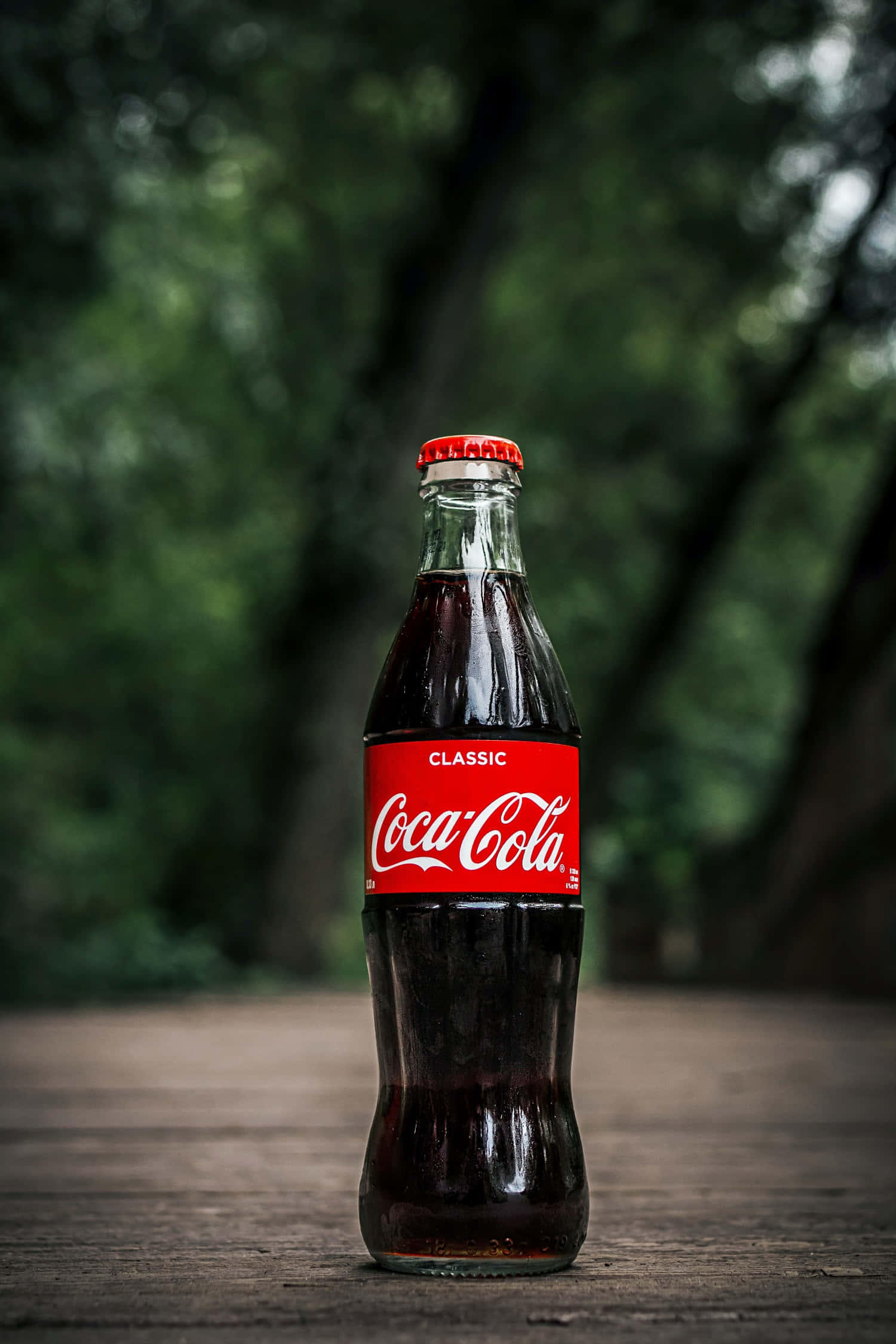 coca cola 桌布 壁紙 — 一個經典的可口可樂瓶，帶有紅色標籤和瓶蓋，放在木質表面上，背景是模糊的綠色森林。