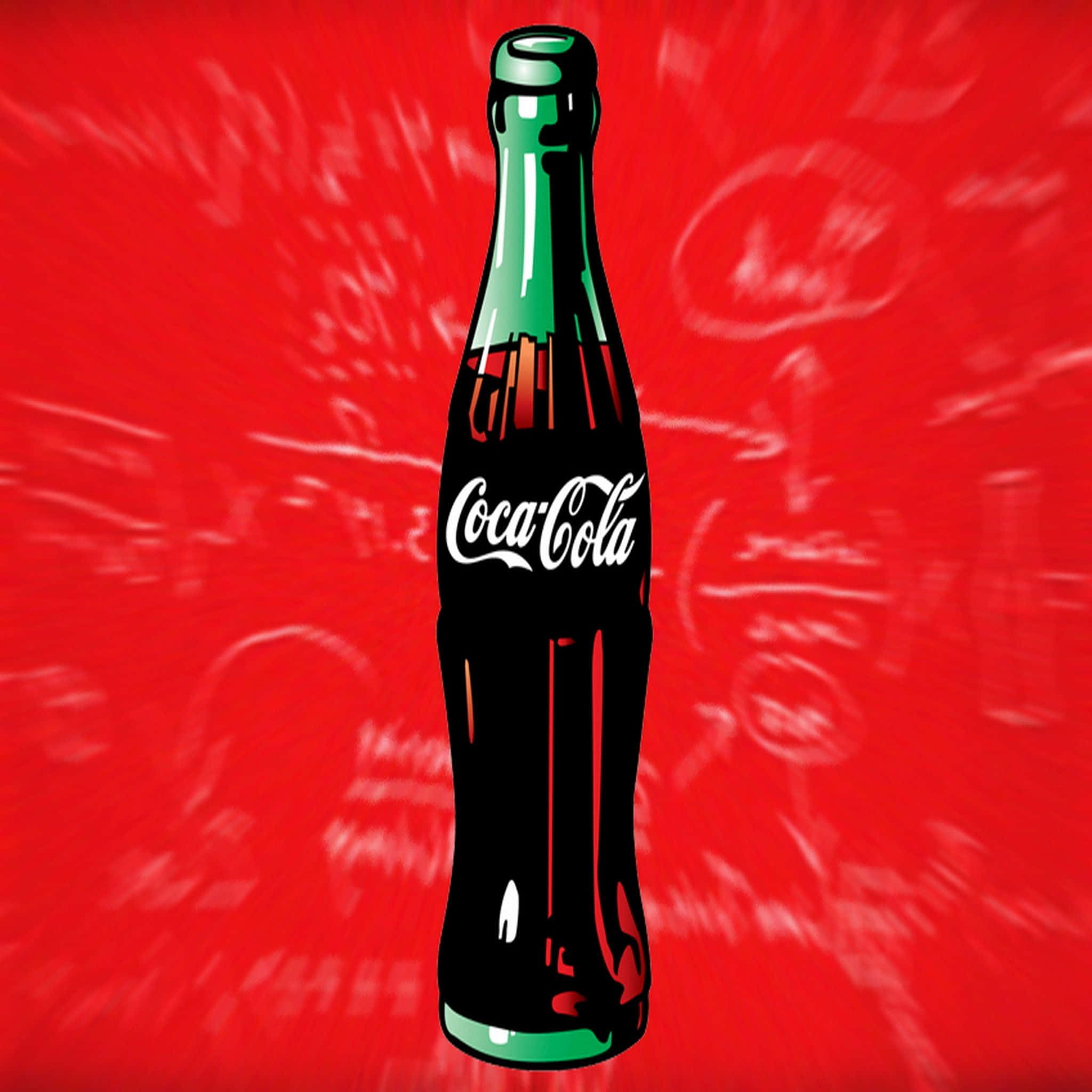 coca cola 桌布 壁紙 — 一個經典的可口可樂瓶在帶有微弱白色塗鴉和方程式的鮮紅色背景中央豎立。