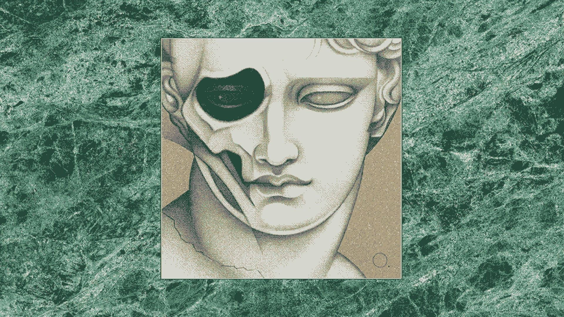 美學藝術 桌布 壁紙 — 一個經典的大理石半身像，其中一隻眼睛被黑色虛空取代，背景是綠色大理石紋理。