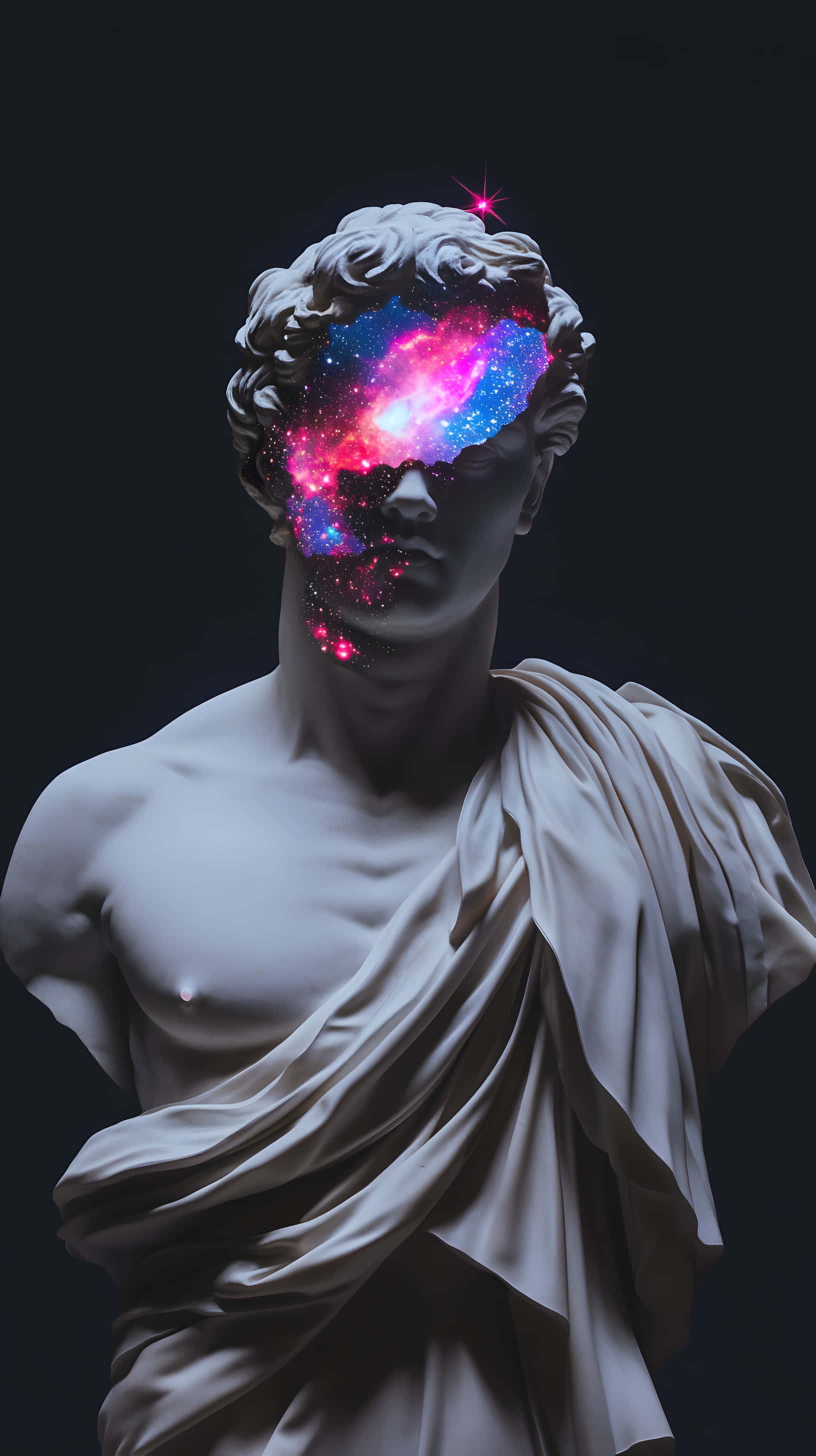 Face 桌布 壁紙 — 一個經典的大理石半身像，其臉上有一個宇宙星系在黑暗背景下生動地旋轉。