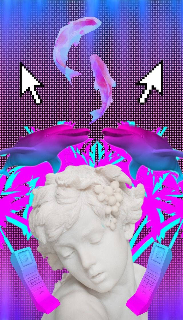 Statue Aesthetic 桌布 壁紙 — 一個經典的大理石半身像，被霓虹海豚和像素化電話圖示包圍，背景是充滿活力的數位網格。