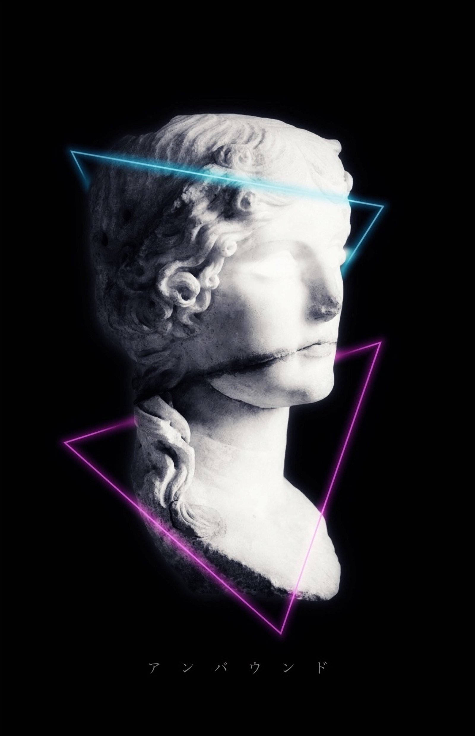 Greek Aesthetic 桌布 壁紙 — 一個經典的大理石半身像在黑色背景上發出霓虹藍和粉紅色的三角形光芒。