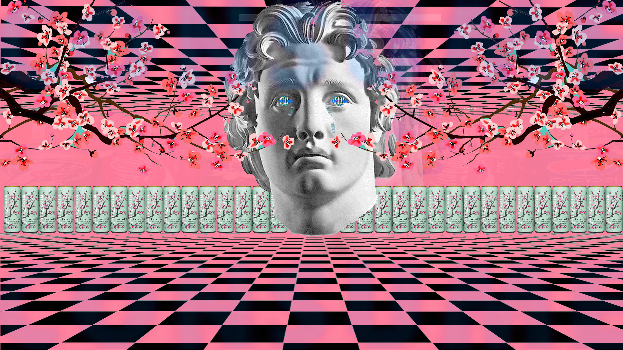 蒸氣波 桌布 壁紙 — 一個經典的大理石半身像漂浮在粉紅色和黑色棋盤格地板上，櫻花枝條環繞著它的臉龐。