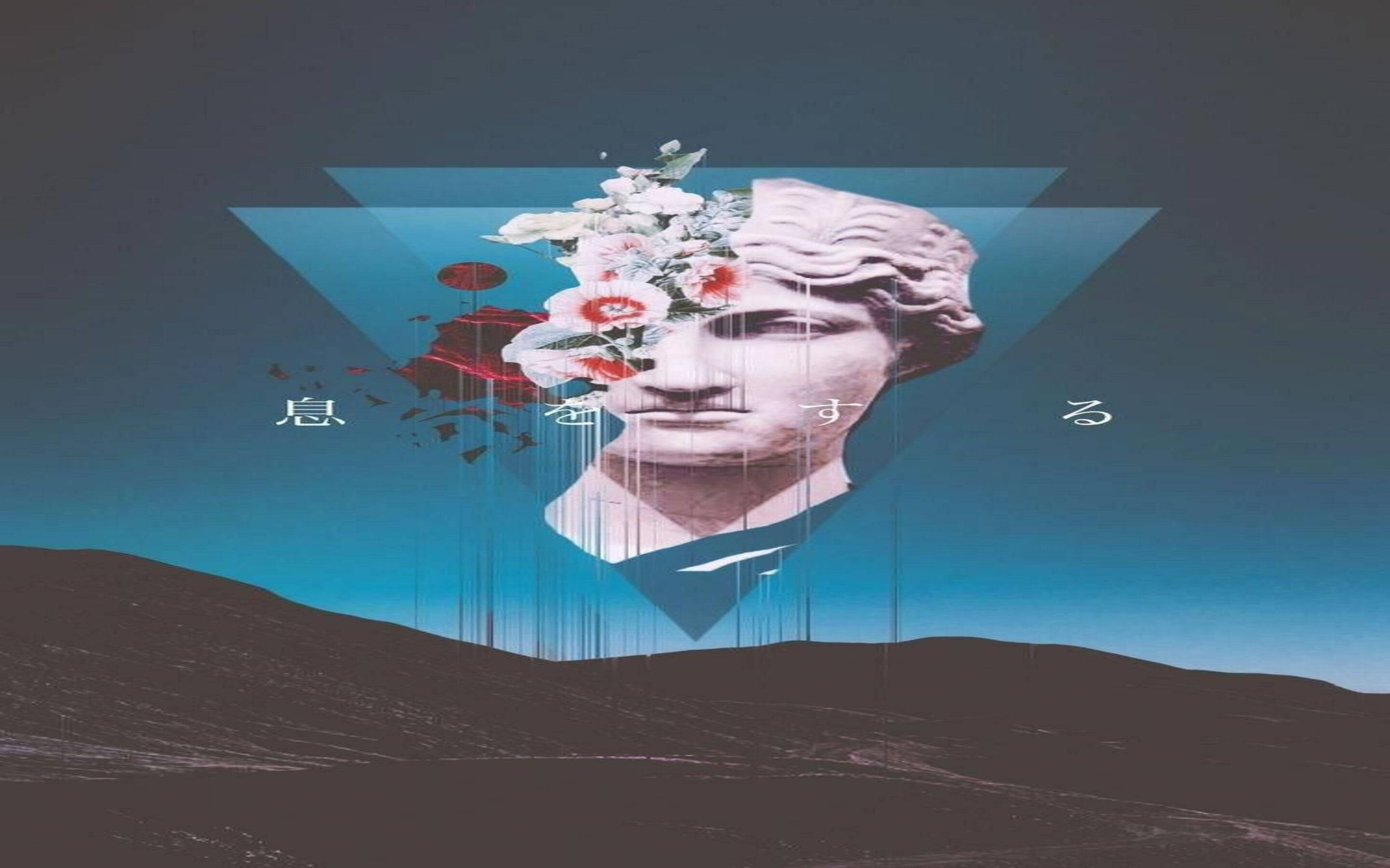 Greek Aesthetic 桌布 壁紙 — 一個經典的大理石半身像頭部，頂部長有花朵，漂浮在藍色三角形內，位於漸變天空下的黑暗山坡上。