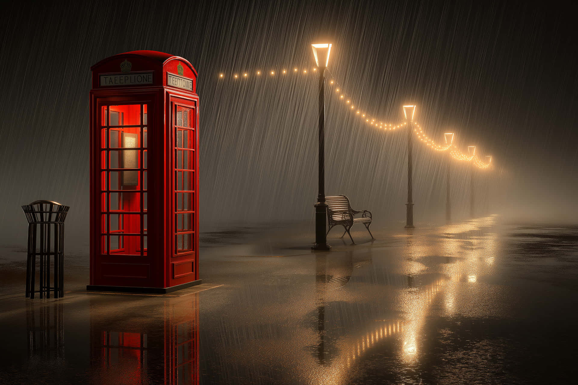 Iconic British Telephone Booth in an Empty Setting 壁紙 — 一個經典的紅色英國電話亭在滂沱大雨中溫暖地發光，旁邊是濕漉漉的長椅和燈串，街道霧氣瀰漫。