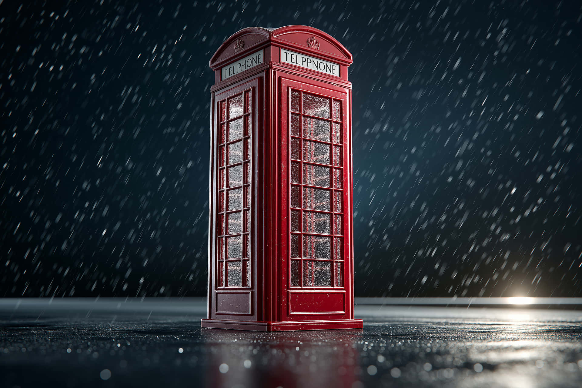 Classic British Phone Booth Isolated in Open Landscape 壁紙 — 一個經典的紅色英國電話亭獨自矗立在雪夜中，雪花飄落，遠處有燈光閃爍。