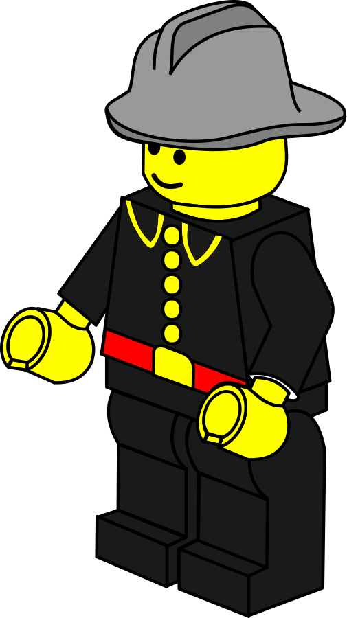 樂高 桌布 壁紙 — 一個經典的黃色LEGO人偶，穿著消防員服裝，配有灰色頭盔和紅色腰帶，背景為黑色。