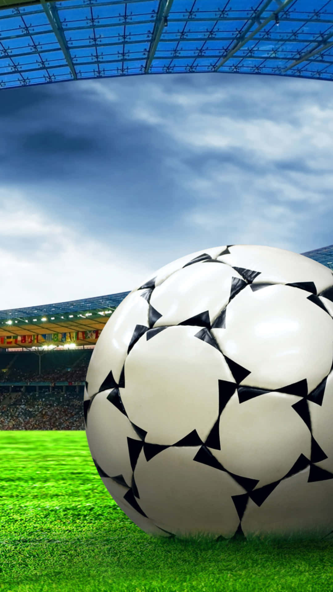 Soccer iPhone 桌布 壁紙 — 一個經典的黑白足球在擠滿觀眾的球場中，躺在鮮綠的草地上，天空多雲。