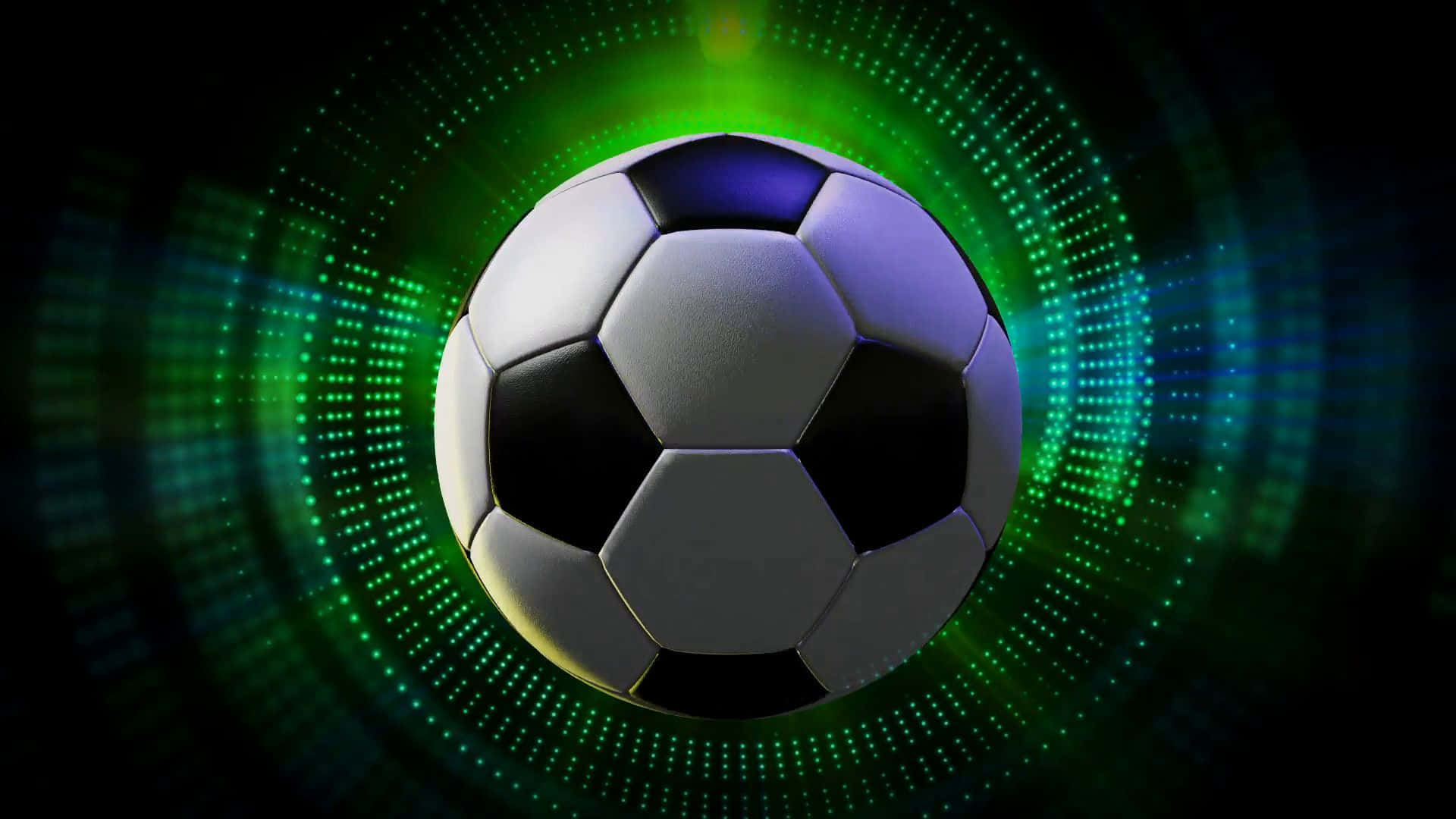 3d Sports 桌布 壁紙 — 一個經典的黑白足球在黑暗背景中，在充滿活力的綠色數位光束下發光。