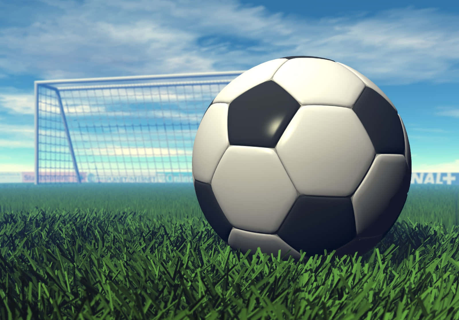 Soccer Ball 桌布 壁紙 — 一個經典的黑白足球放在充滿活力的綠色草地上，背景有球門網和藍天。