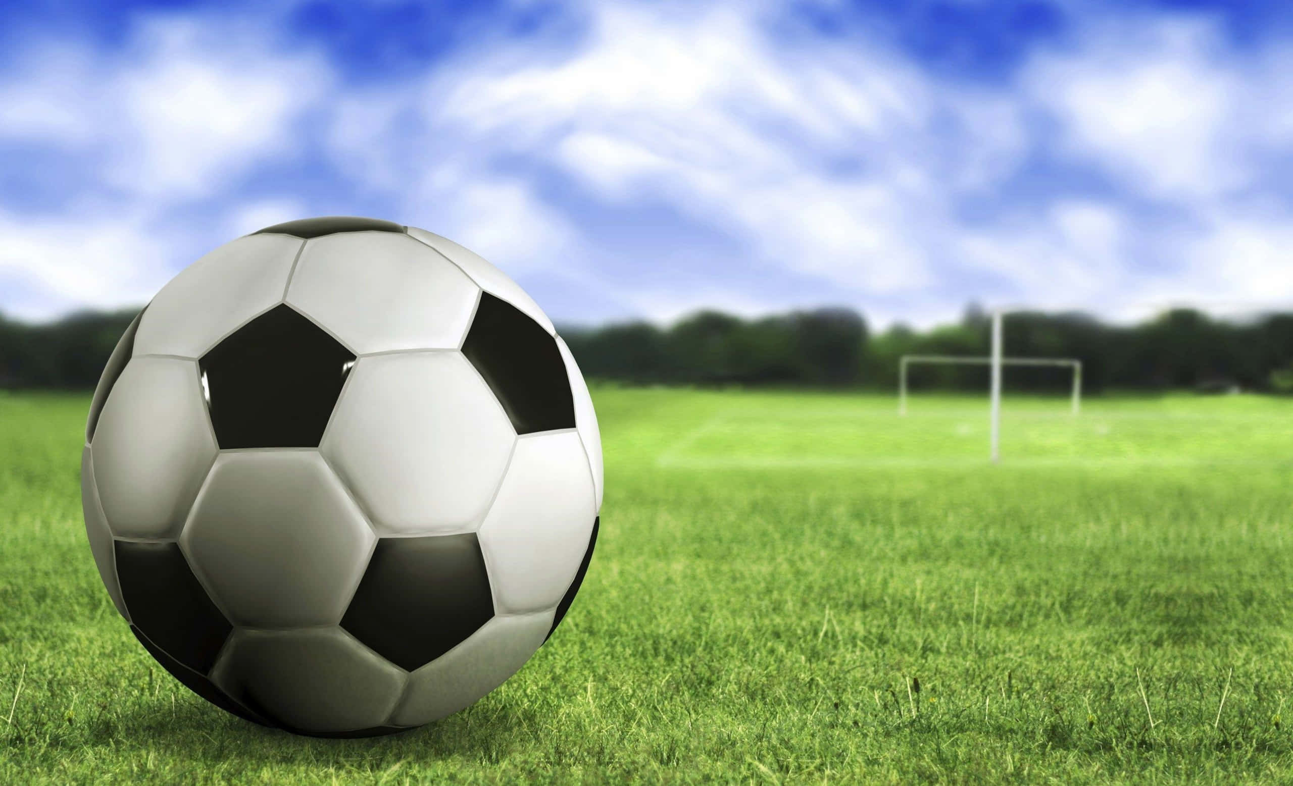 Soccer Ball 桌布 壁紙 — 一個經典的黑白足球放在充滿活力的綠色草地上，背景有模糊的球門柱和藍天。