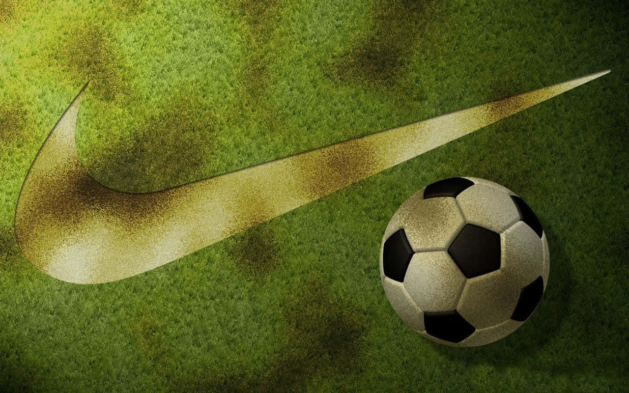 Soccer 4K 桌布 壁紙 — 一個經典的黑白足球放在有紋理的綠色草地上，旁邊有一個大型金色Nike swoosh標誌。