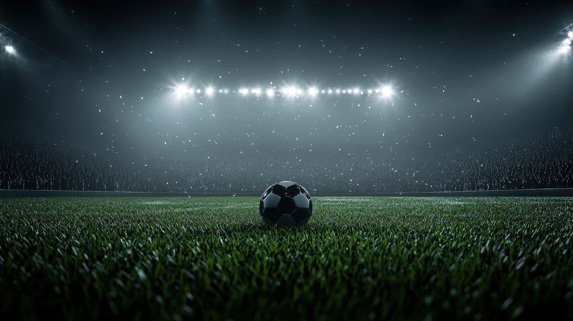 Soccer ball on stadium grass under bright floodlights at night 壁紙 — 一個經典的黑白足球獨自放在雨中明亮體育場燈光下的鮮綠色球場上。