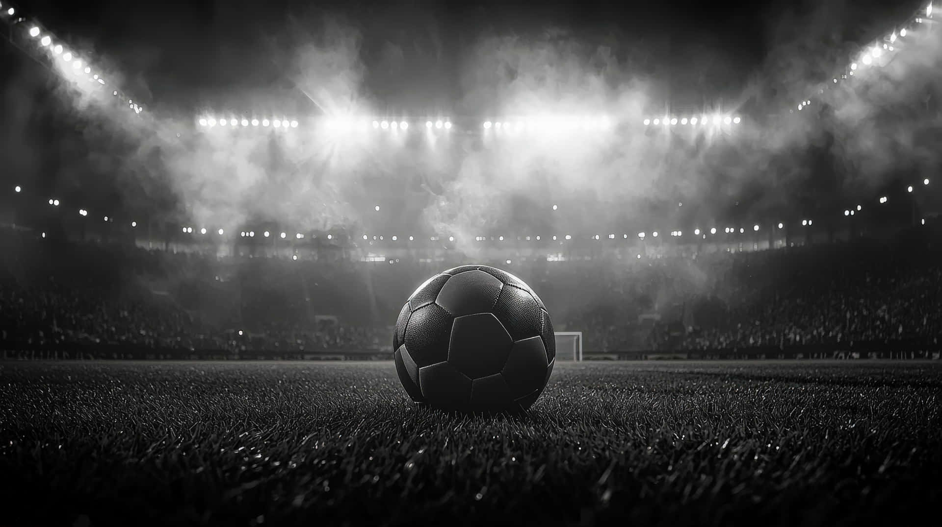A black and white image of a soccer ball on the field under bright stadium lights, 壁紙 — 一個經典足球放在草地上，在明亮的球場燈光下，背景有煙霧繚繞。