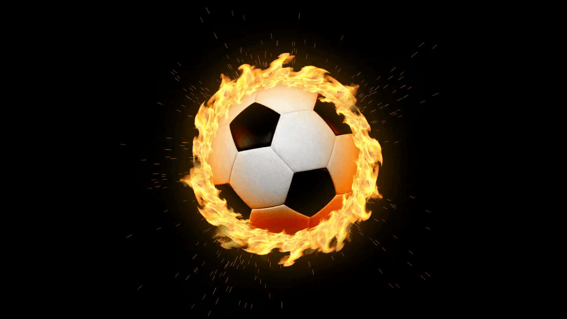 Football On Fire 桌布 壁紙 — 一個經典足球被鮮豔的火焰吞噬，背景為純黑色，並有飛舞的火星。