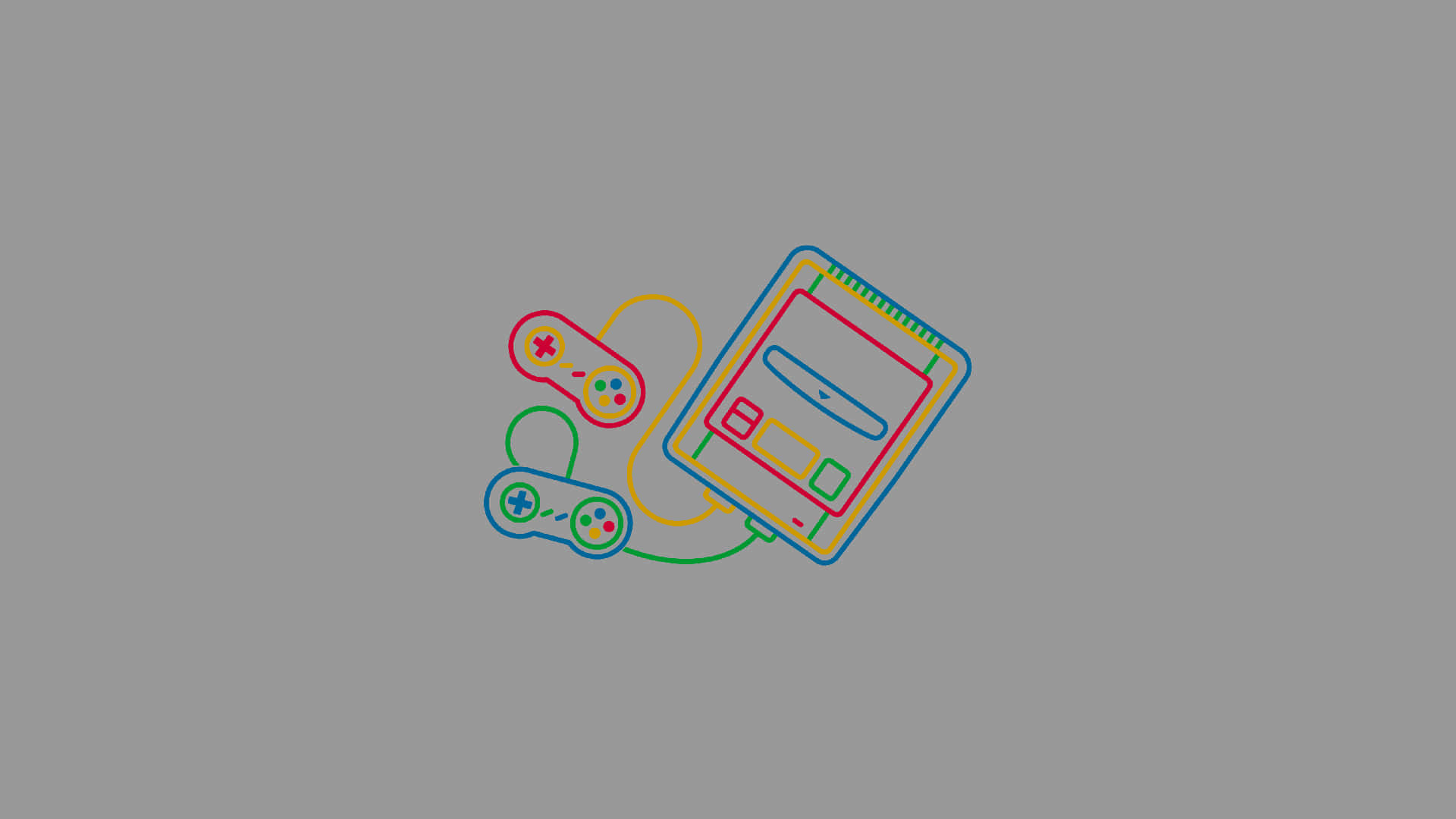 Minimalist Retro 桌布 壁紙 — 一個經典遊戲主機的極簡線條藝術插圖，帶有兩個通過彩色線纜連接的控制器，背景為灰色。