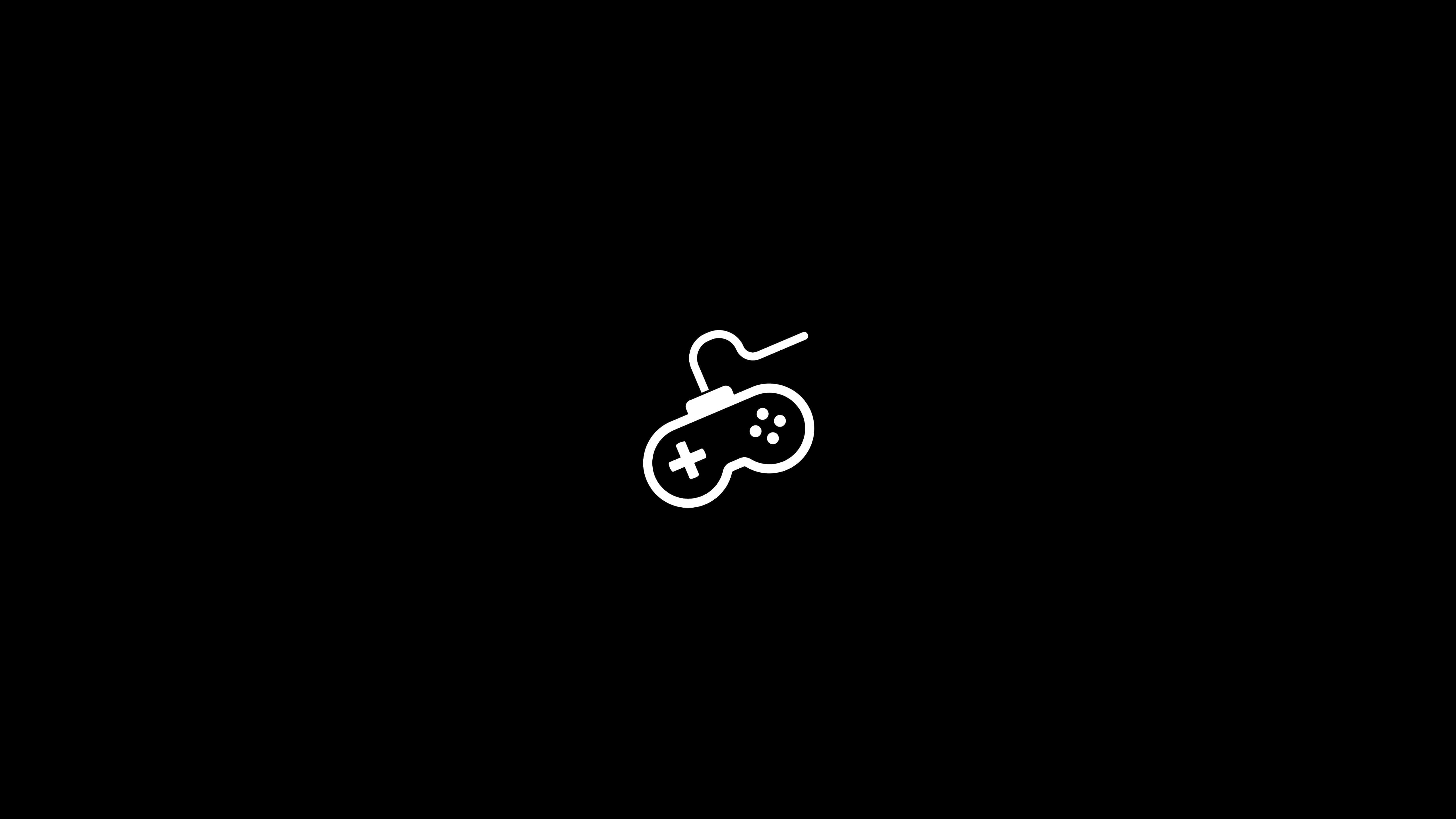 Minimalist Gaming 桌布 壁紙 — 一個經典遊戲手把的極簡白色線條圖，居中放在純黑色背景上。