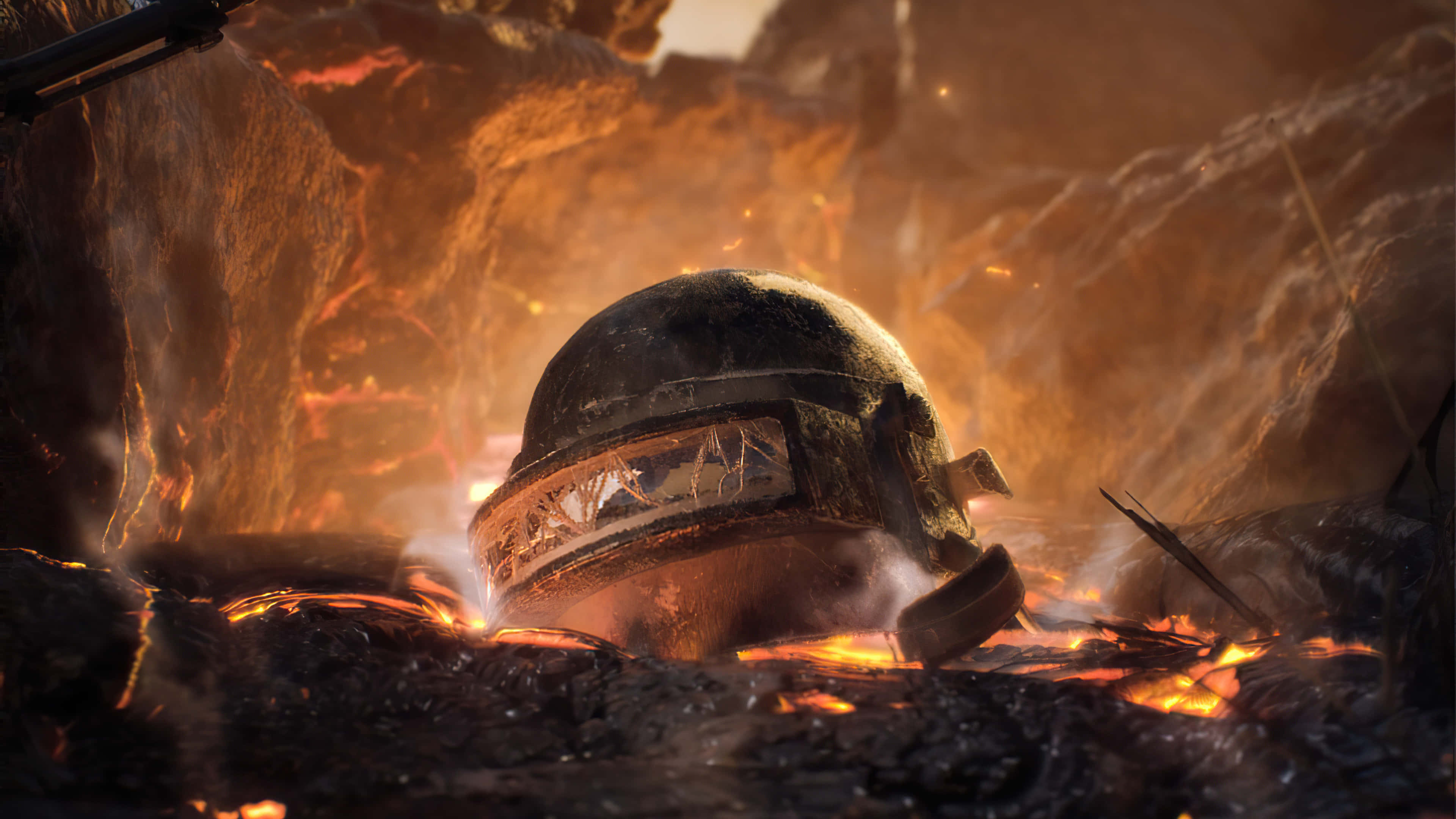 Best Playerunknown's Battlegrounds 桌布 壁紙 — 一個經歷戰鬥的頭盔，在熾熱的火山景觀中，躺在發光的熔岩和鋸齒狀岩石之間。