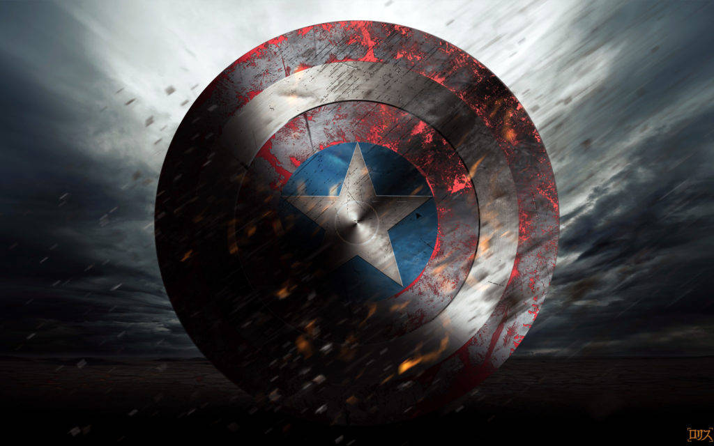 shield 桌布 壁紙 — 一個經歷戰鬥磨損的美國隊長盾牌在暴風雨中旋轉，碎片四處飛揚。