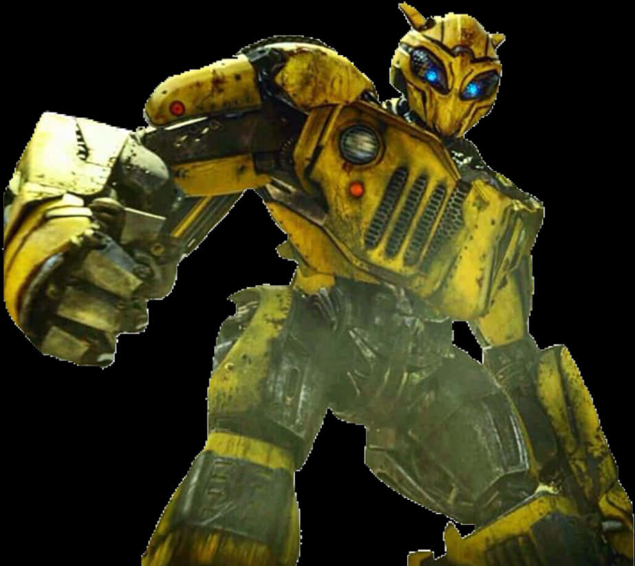 Bumblebee 桌布 壁紙 — 一個經過戰鬥磨損的黃色機器人，擁有發光的藍色眼睛和舉起的拳頭，站在黑色背景前。