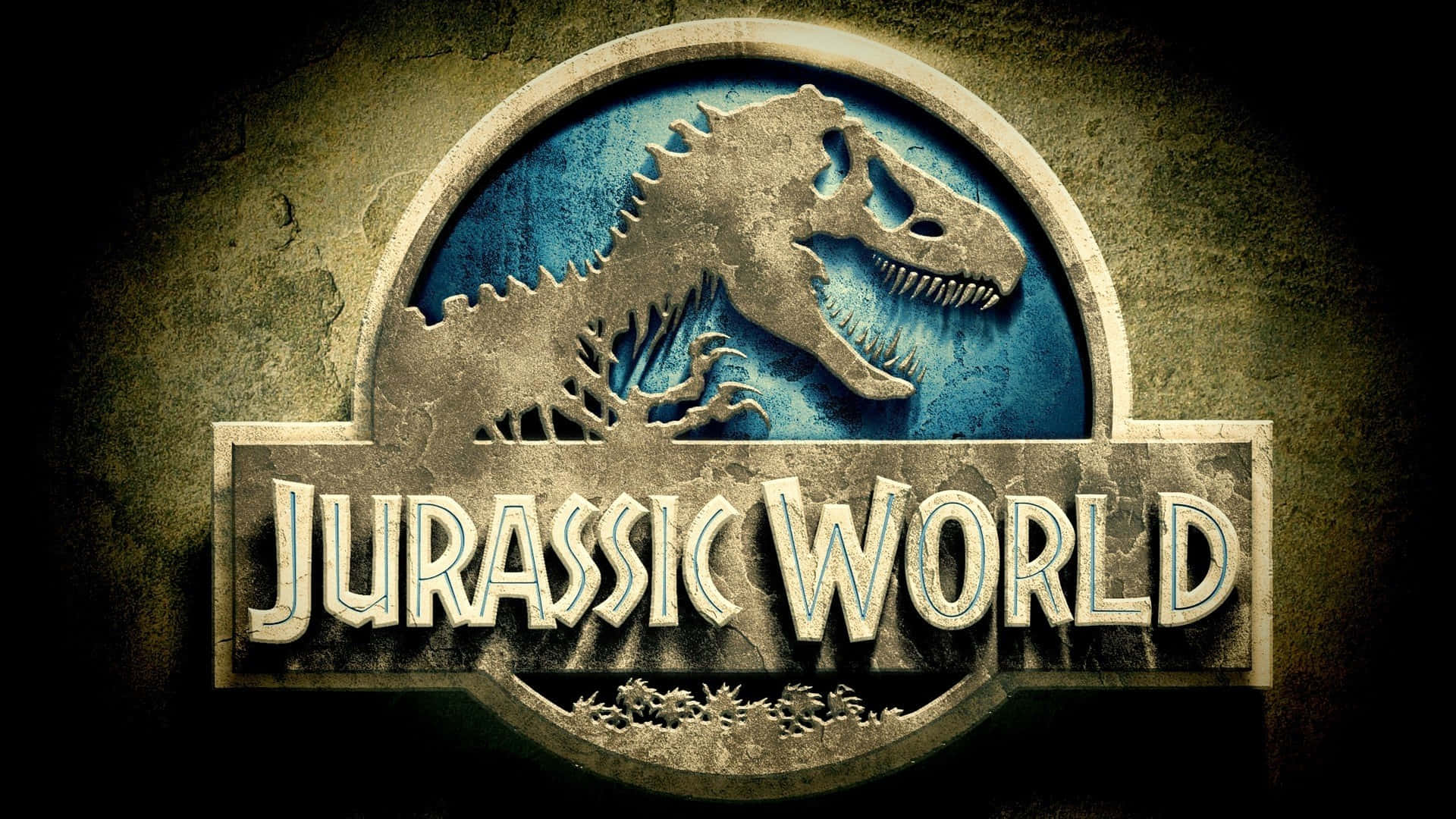 Jurassic World 桌布 壁紙 — 一個經過風化的Jurassic World標誌，在藍色紋理背景上有一個咆哮的T-Rex剪影。