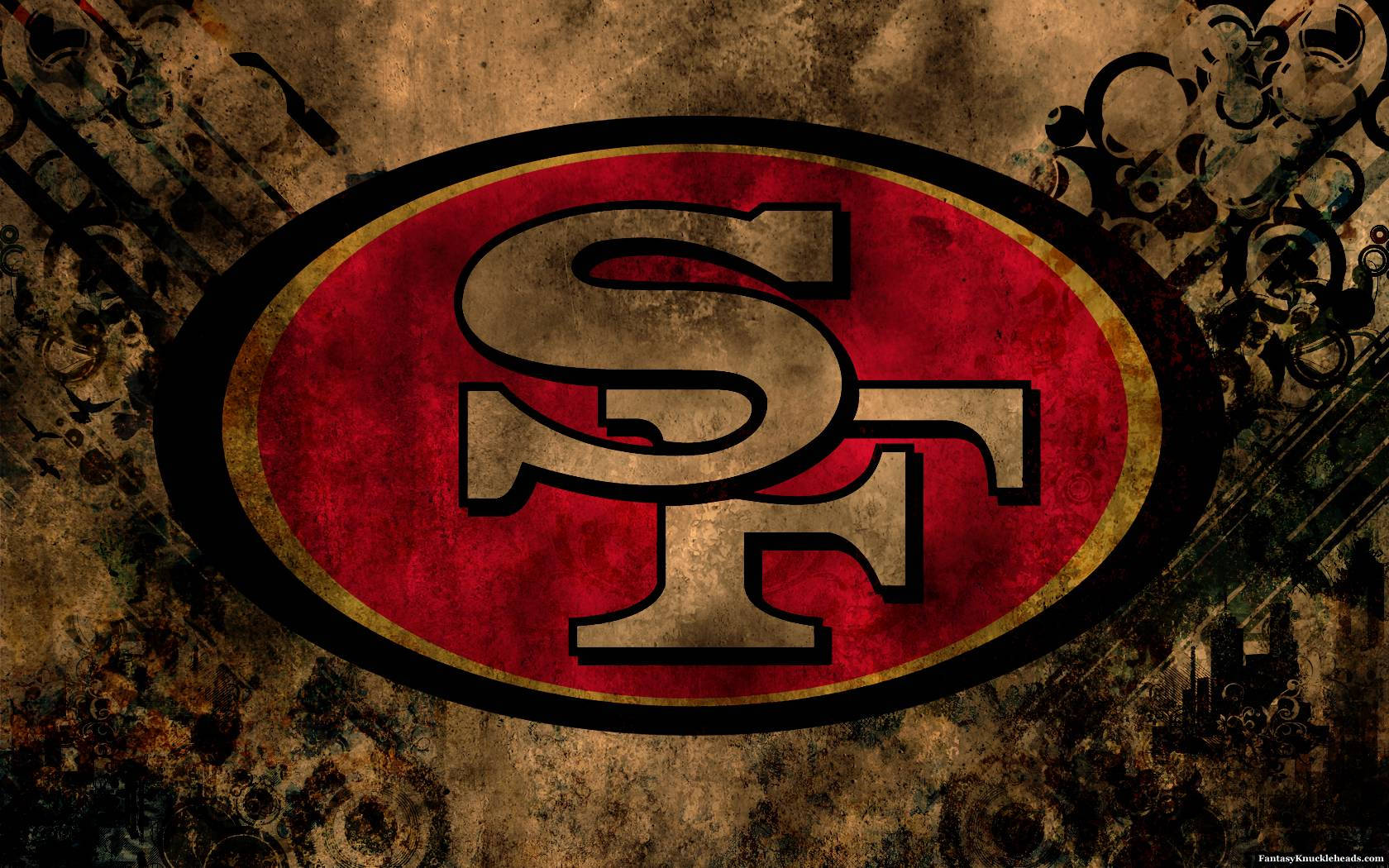 49ers 桌布 壁紙 — 一個經過風化的舊金山49人隊標誌，帶有磨損的紅色、金色和黑色，背景是粗糙的紋理。