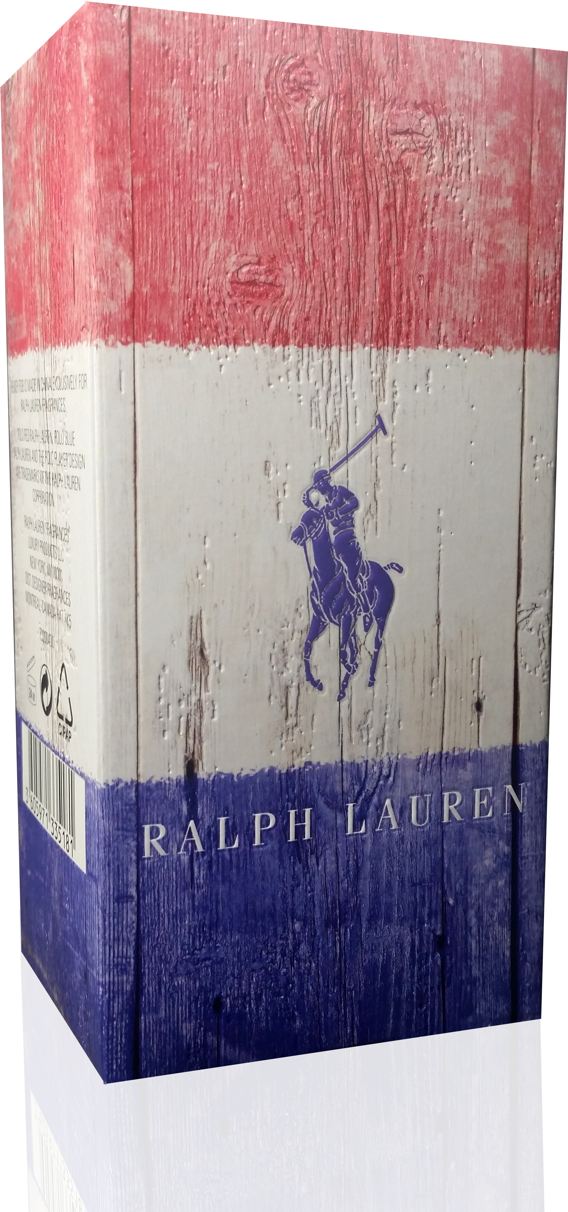 ralph lauren 桌布 壁紙 — 一個經風化的木箱，塗有紅、白、藍條紋，上面有一個藍色馬球球員標誌和Ralph Lauren文字。