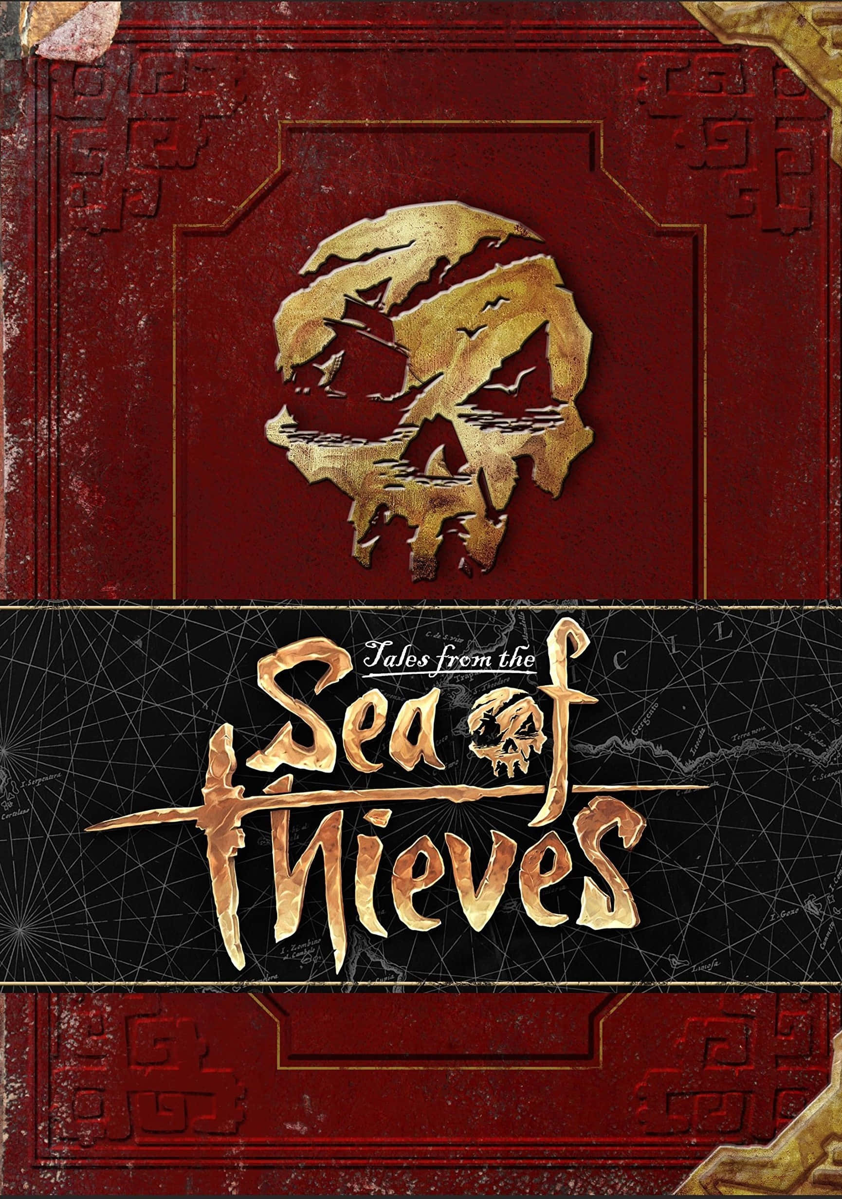 Sea Of Thieves Phone 桌布 壁紙 — 一個經風化的紅色書封，帶有金色骷髏標誌和華麗的金色字體，寫著「Tales from the Sea of Thieves」，背景為黑色網格。