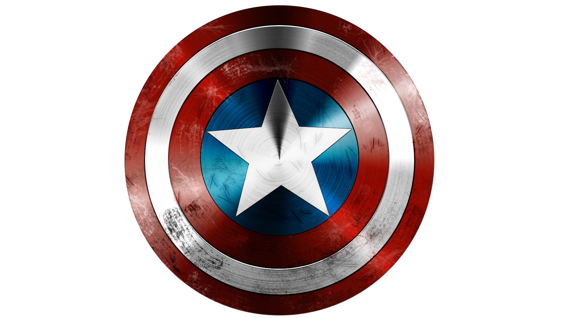 Captain America iPhone 桌布 壁紙 — 一個經風化的美國隊長盾牌，帶有紅、白、藍三色同心圓環和中央星形，置於純白背景上。